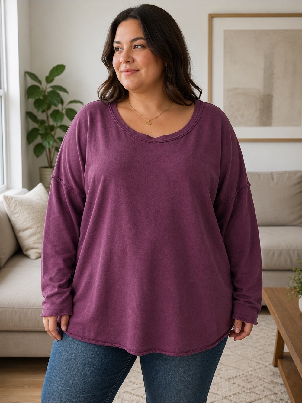 Eileen Fisher Relaxed Scoop-Neck Sweatshirt in Plum size 1x